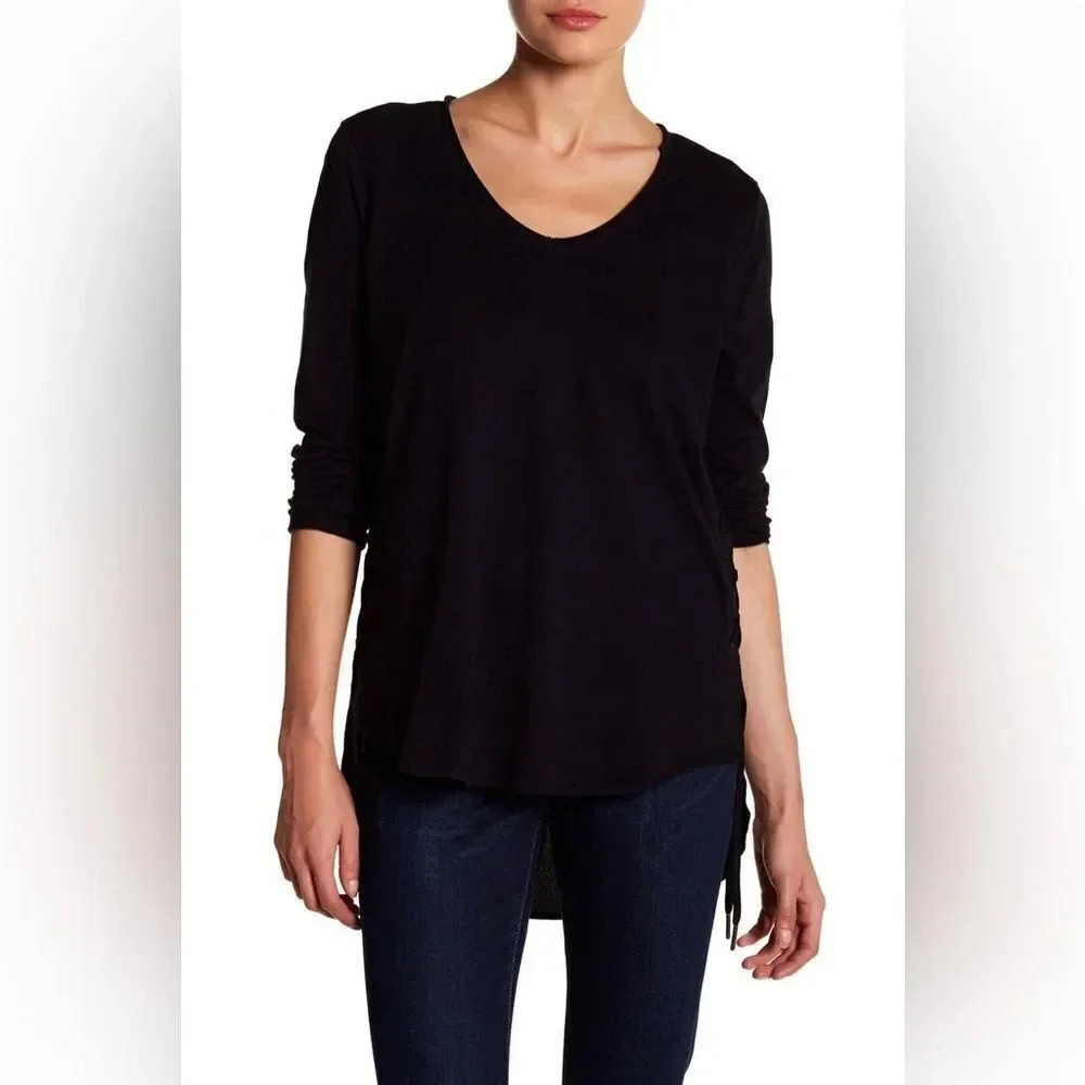 Blank NYC Linen Blend V-Neck Long Sleeve Tunic Top M Assymetric Black Grunge Y2K